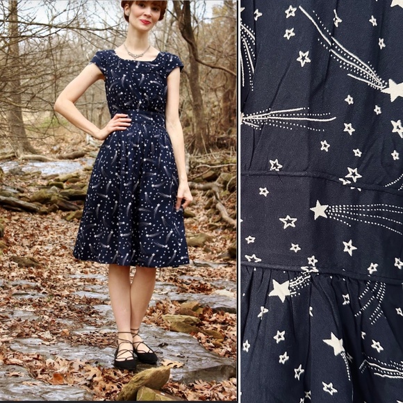 Modcloth Emily and Fin Dresses & Skirts - 💫⭐️ Shooting Star Print Fit & Flare Dress in Navy Blue. Emily and Fin. Medium